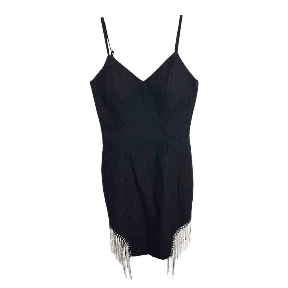 Haute Monde Dress Women Small Black Padded Silver Fringe Sleeveless Mini Party